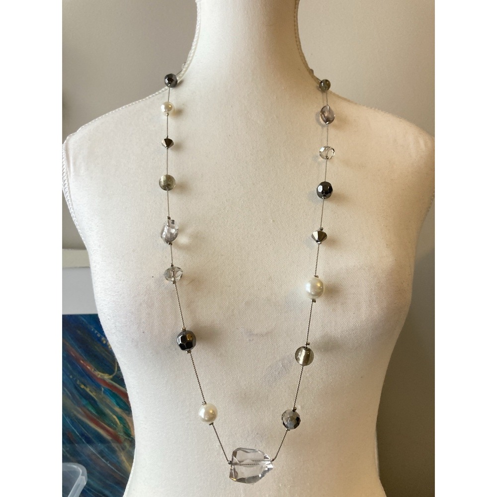 Long Station Necklace Faux Pearl Clear Gray Black Faceted‎ Bead Silver Tone